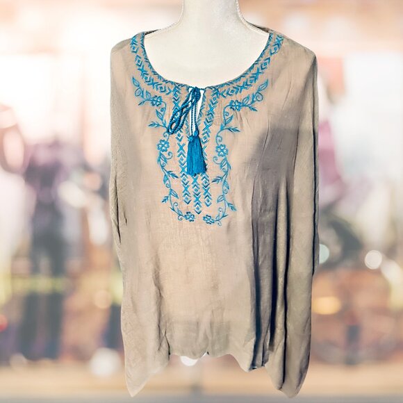 Taupe Boho Style Tunic Top with Turquoise Embroidery and Tassel Tie Bodice NWT - Picture 3 of 6